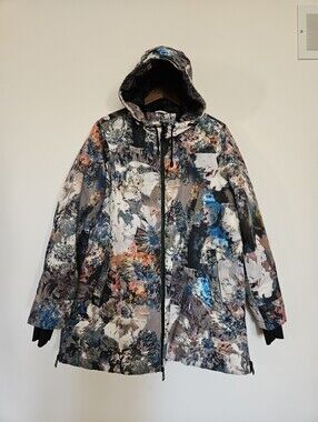 Arctic Expedition Floral Print Hooded Parka Jacket L Side Zips Thumbhole Cuffs